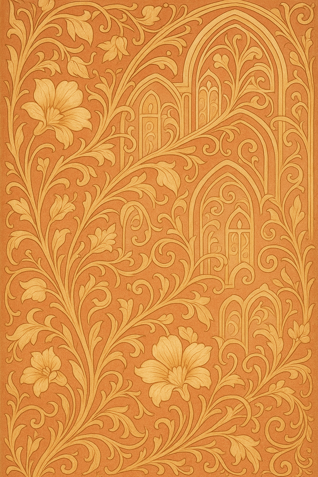 Detailed view of ornate stained glass with geometric floral patterns in warm hues.